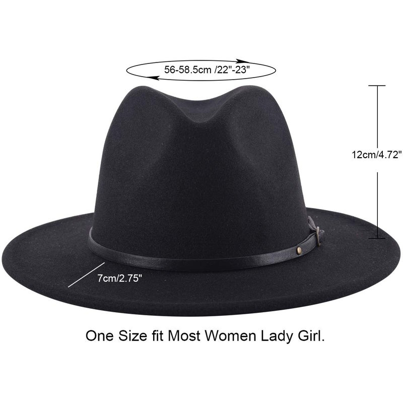 Lanzom Womens Classic Wide Brim Floppy Panama Hat Belt Buckle Wool Fedora Hat (One Size, Black) - Image 2
